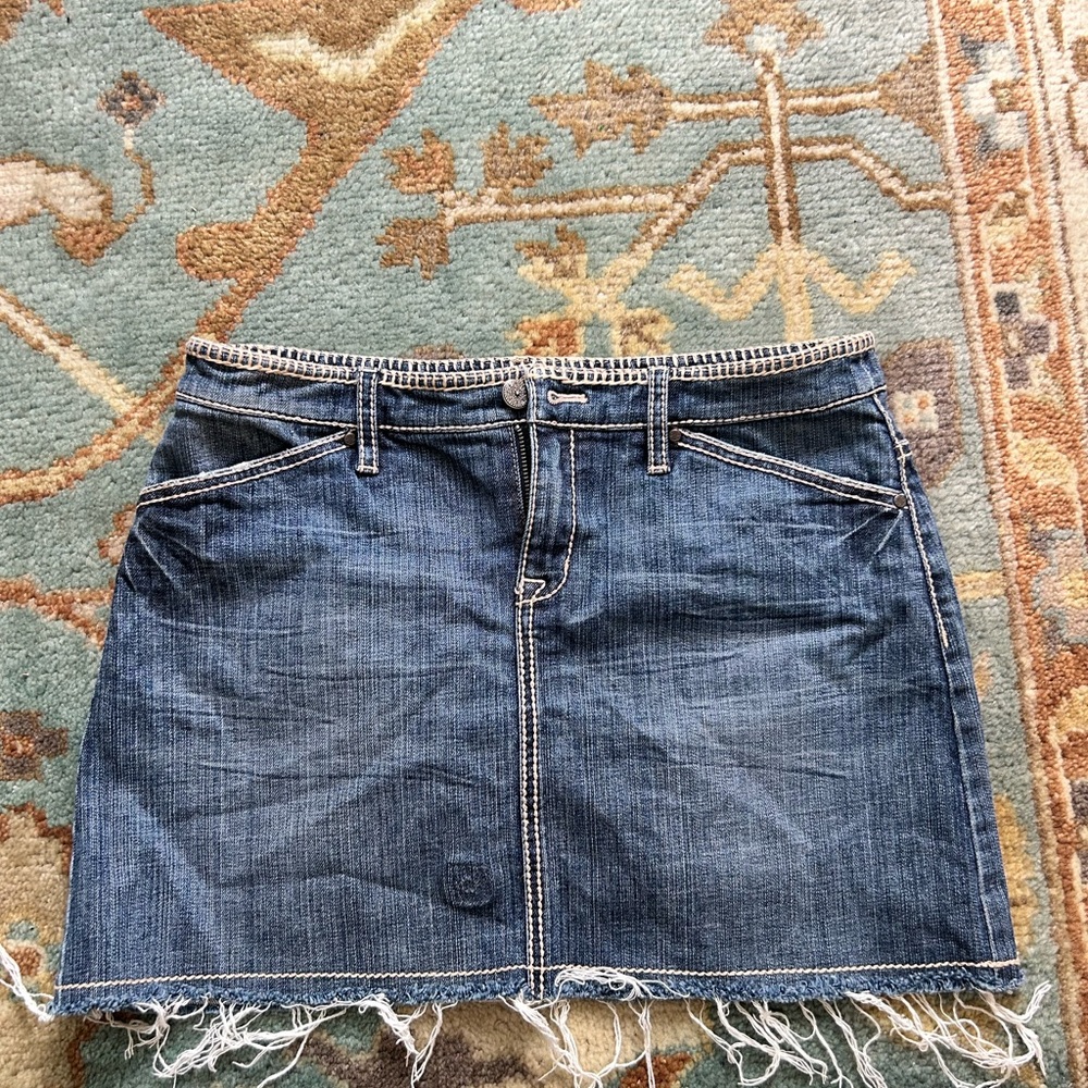 Tahari Frayed Hem Denim Mini Skirt